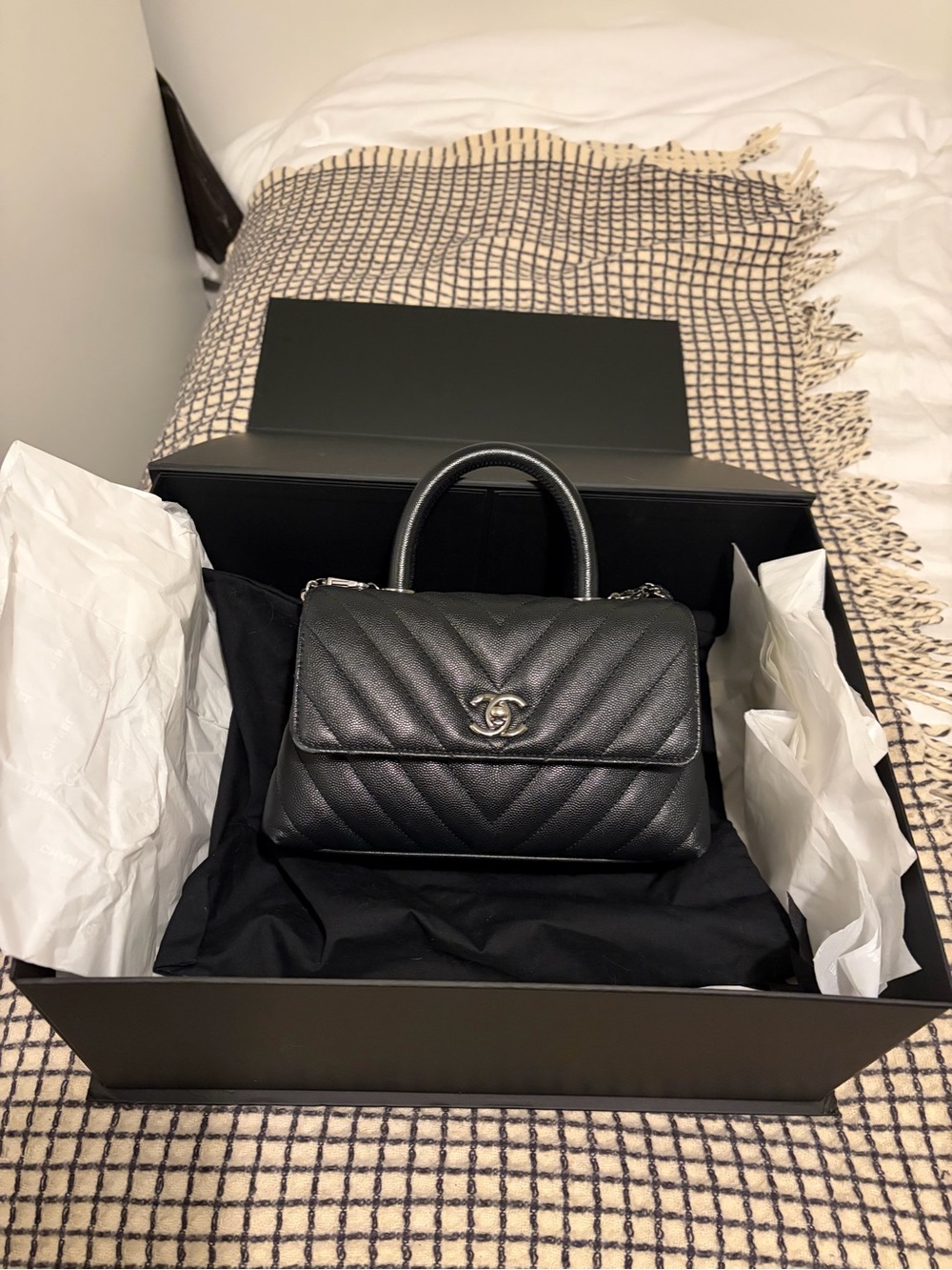 Chanel coco handle black caviar chevron Top Handle Flap Bag